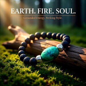 Chrysacolla & Black Lava Rock Bracelet! Thick, Solid & Chunky! Heavy Stone Beads